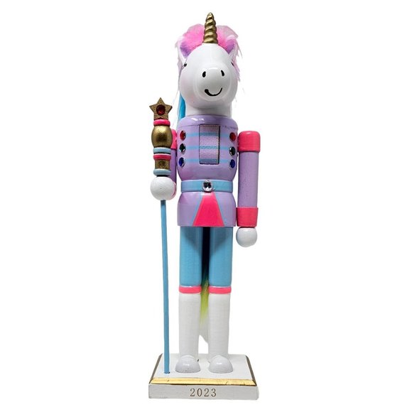 Pastel Rainbow Unicorn Christmas Wood 13" Nutcracker - Picture 1 of 5